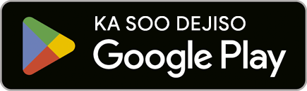 Badhan madow oo u oggolaanaya dadka isticmaala inay soo dejiyaan app-ka; badhanka ayaa odhanaya, "Get it on Google Play" oo leh astaanta Google oo qaab saddex xagal ah.